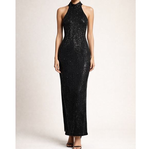 Roberta Dresses & Skirts - Vintage Roberta Midnight Black VTG Sequin Halter Open Back Sleeveless Maxi Gown